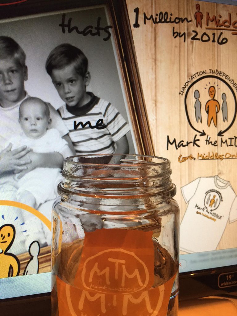 A childhood photograph of three children, the middle one marked, in front of a Mark the Middle screen. A jar in front reads MTM.